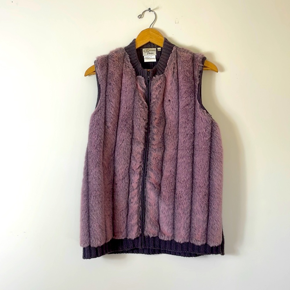 Caribbean Pacific pink/purple faux fur cable knit sweater vest size Large